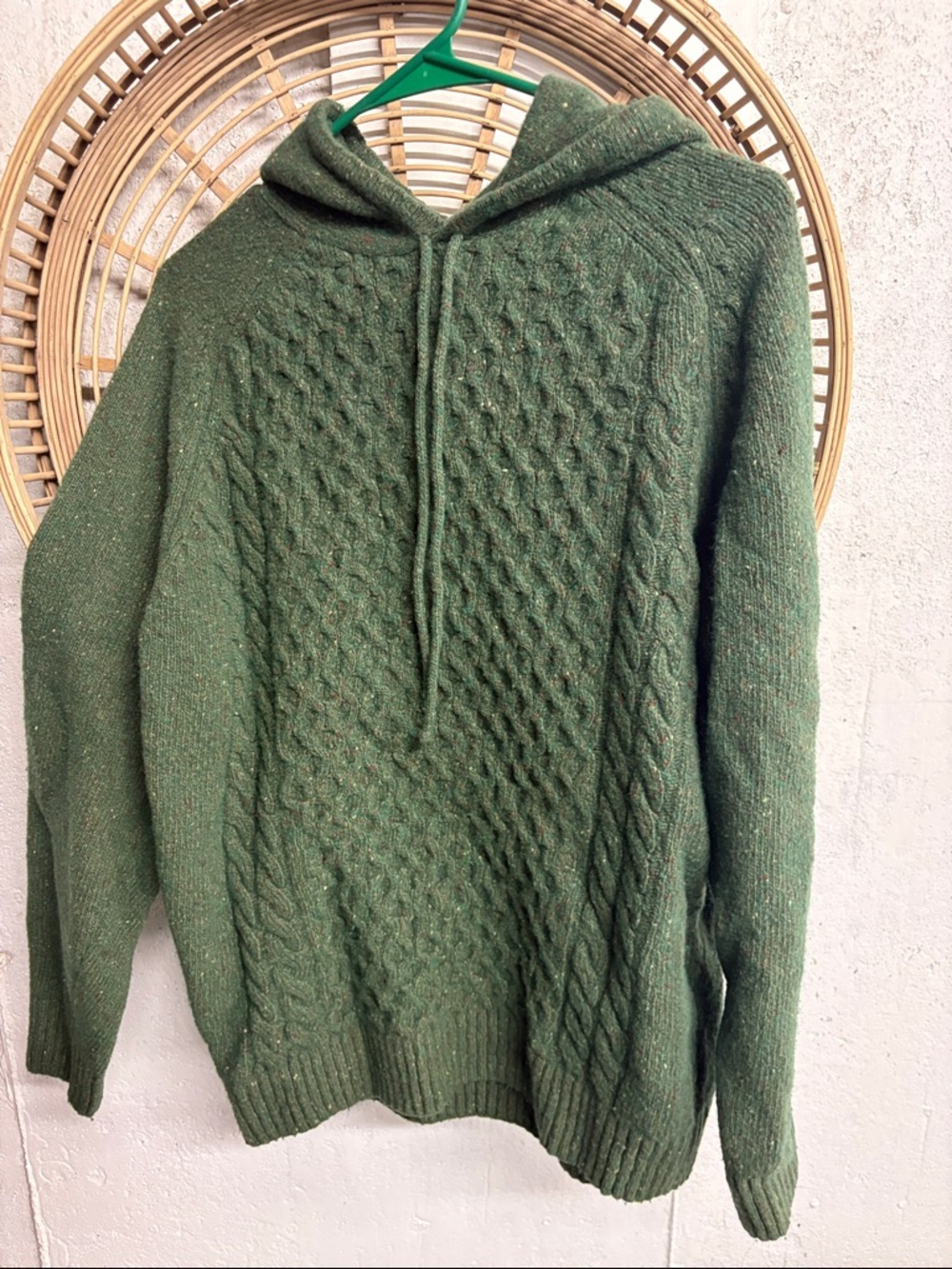 Aran Sweater Market Wool Cable Knit Hoodie Green Made in Ireland Size S